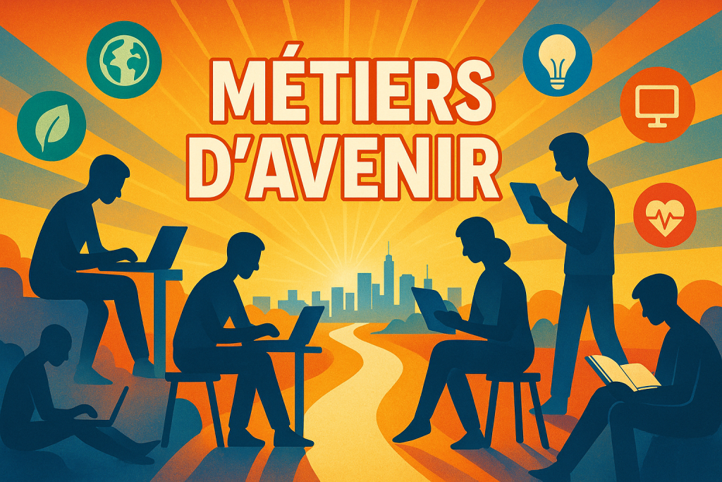 Formation métiers d'avenir illustration silhouettes technologie écologie santé