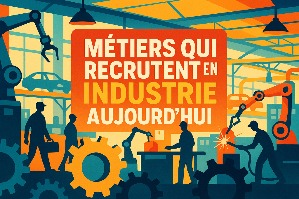 Illustration métiers qui recrutent en industrie usine moderne robots production