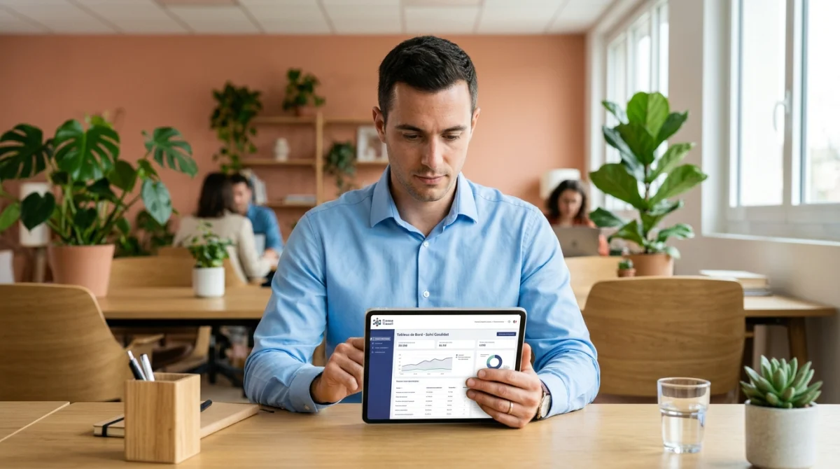 Conseiller France Travail en chemise bleue consultant un tableau de bord numérique dans un bureau moderne et lumineux.