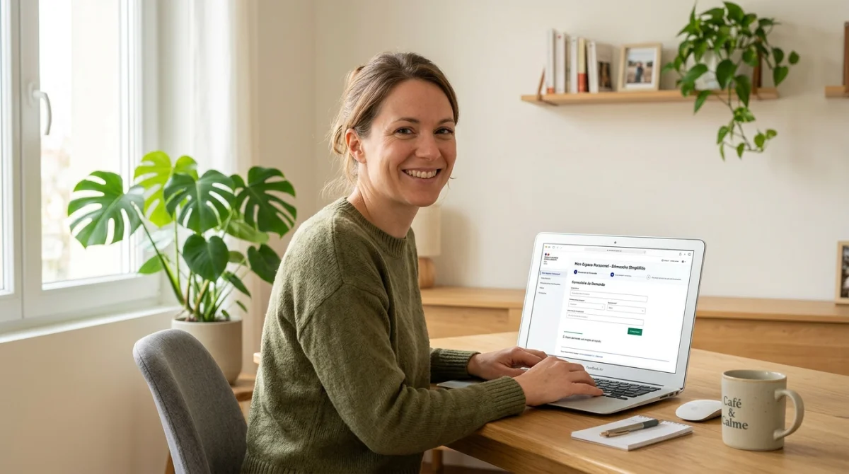 Personne souriante utilisant un ordinateur pour apprendre comment poser des cong&eacute;s sur France Travail sereinement.