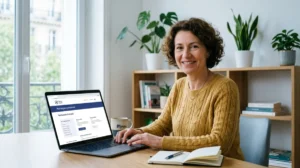 Personne souriante utilisant l'interface France Travail sur un ordinateur pour savoir comment poser des congés sereinement.