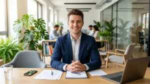 Candidat confiant et souriant lors d'un entretien professionnel pour devenir conseiller France Travail dans un bureau moderne.