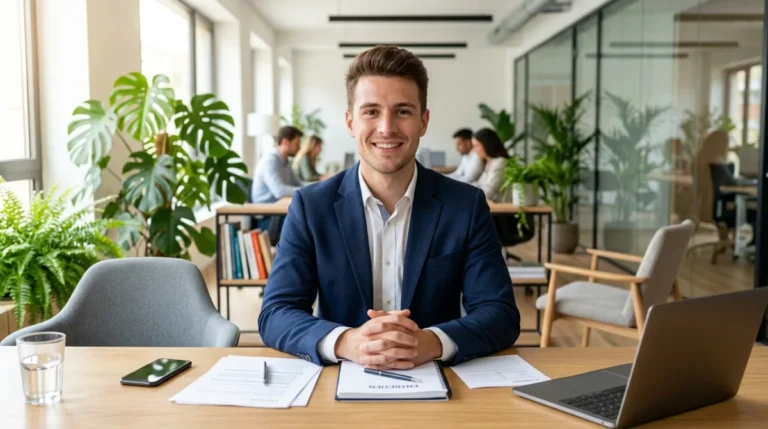 Candidat confiant et souriant lors d'un entretien professionnel pour devenir conseiller France Travail dans un bureau moderne.