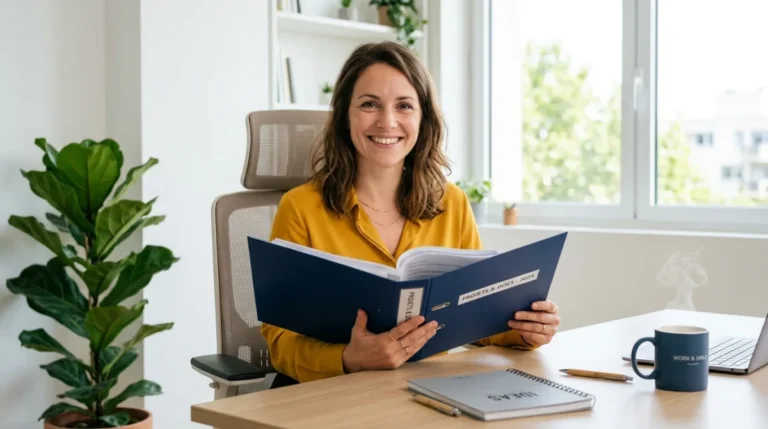Personne souriante consultant des documents pour son inscription à France Travail après une rupture conventionnelle dans un bureau.