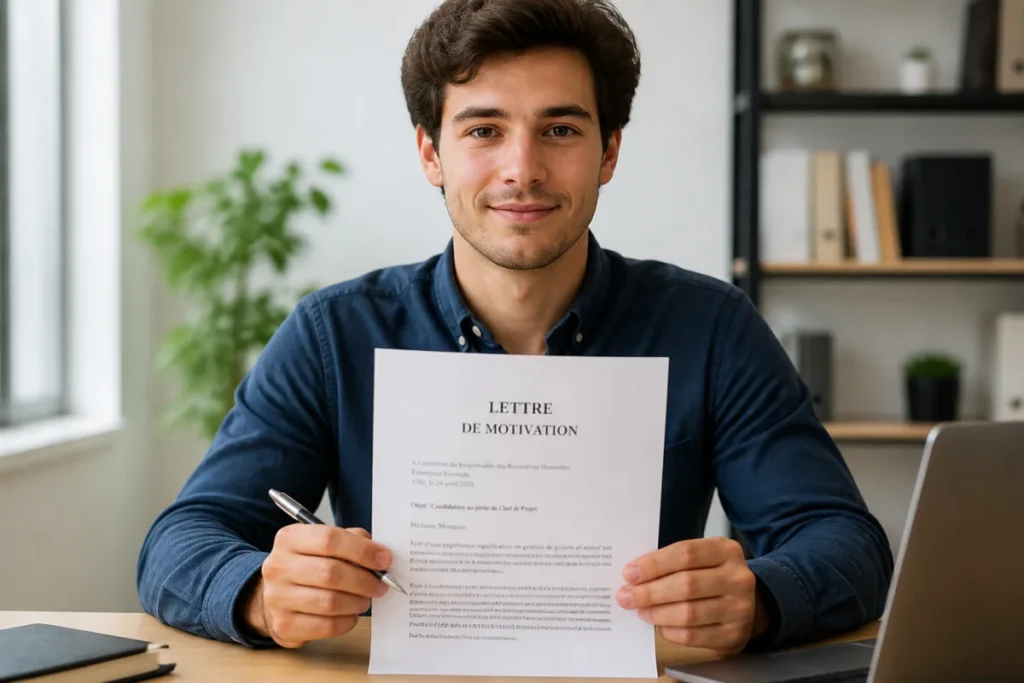 Jeune professionnel tenant une lettre de démission McDo formelle dans un bureau moderne et lumineux.