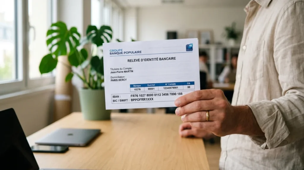 Une main tenant un document bancaire officiel pour illustrer comment changer mon RIB sur France Travail.