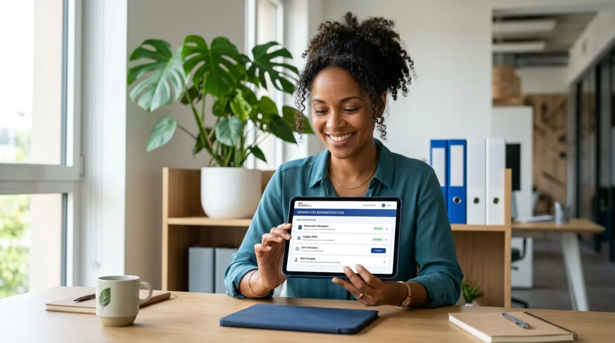 Personne souriante g&eacute;rant ses d&eacute;marches administratives sur une tablette num&eacute;rique dans un bureau moderne et lumineux.