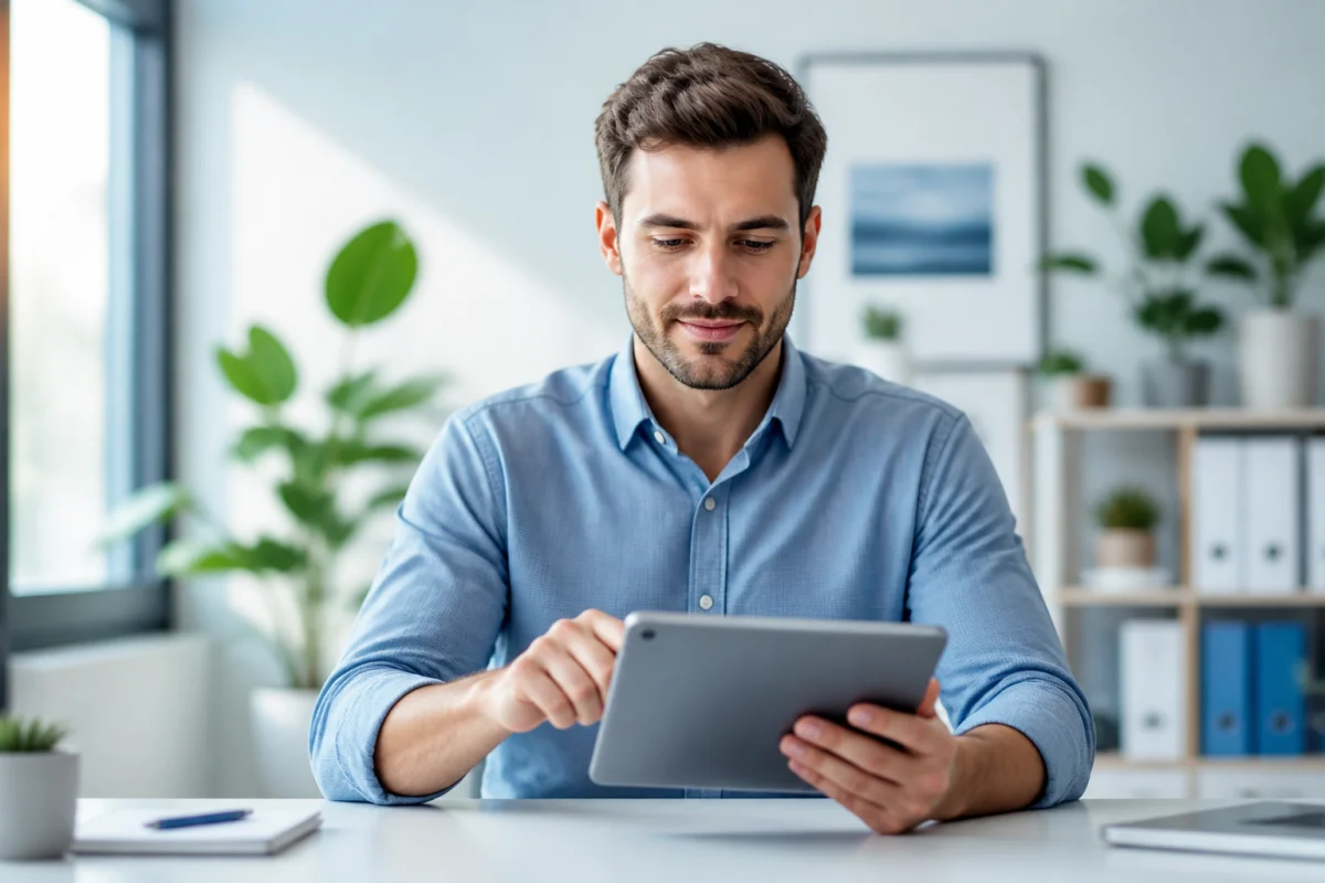 Personne sereine utilisant une tablette dans un bureau moderne pour gérer son compte France Travail en ligne.