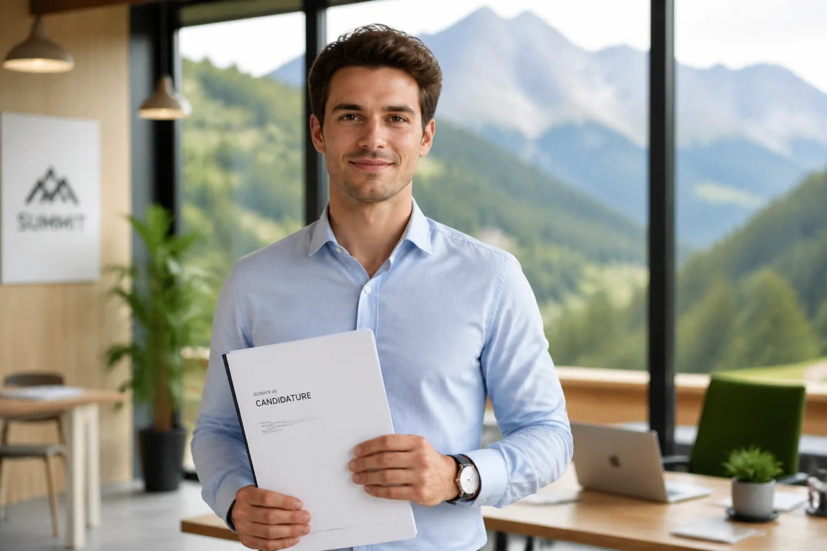 Jeune professionnel fran&ccedil;ais confiant tenant un dossier de candidature dans un bureau moderne avec vue sur les Alpes.