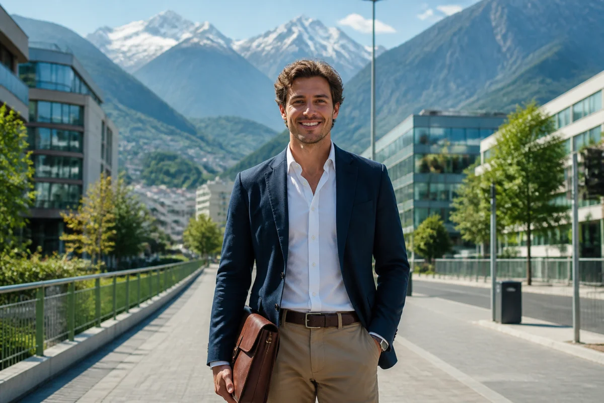 Jeune professionnel souriant devant un paysage alpin, illustrant comment travailler en Suisse en tant que fran&ccedil;ais.