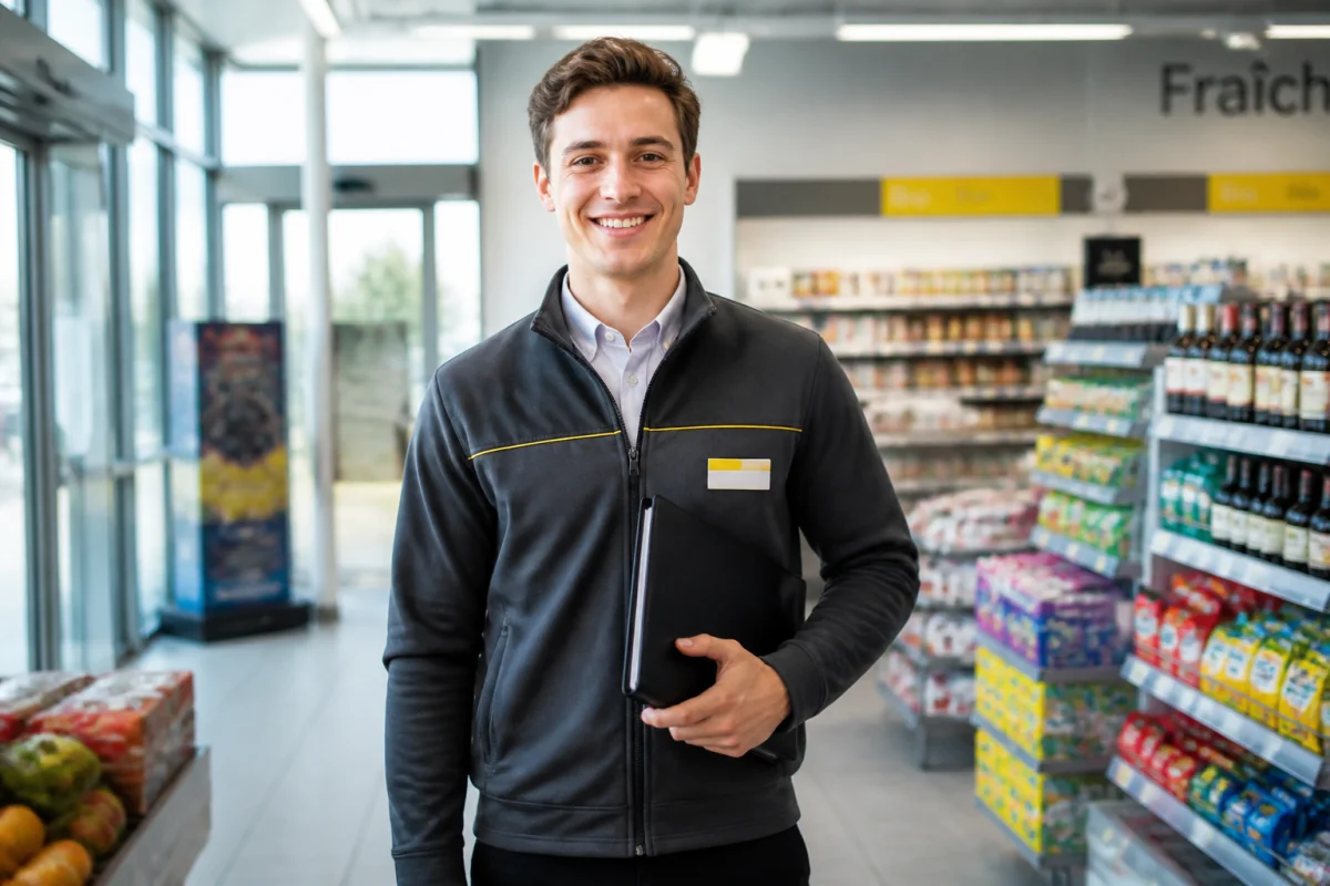Jeune employ&eacute; souriant en uniforme tenant un dossier dans un supermarch&eacute; pour une lettre de motivation Intermarch&eacute;.