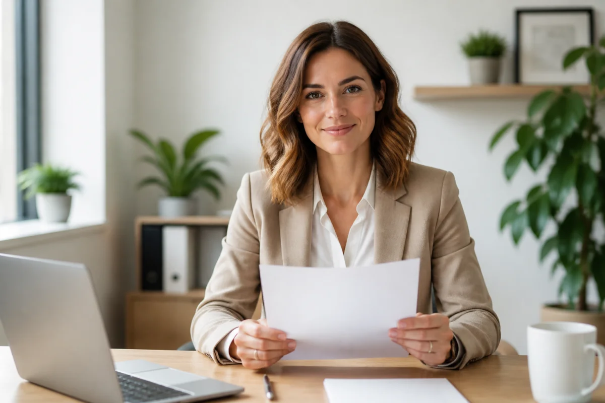 Professionnel rédigeant une lettre de démission AESH dans un bureau moderne, lumineux et organisé.