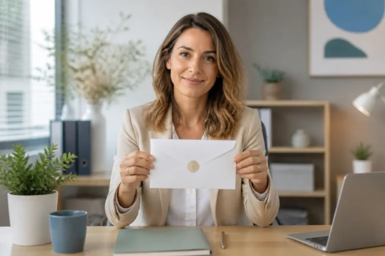 Assistante maternelle souriante tenant une lettre de démission professionnelle dans un bureau lumineux et ordonné.