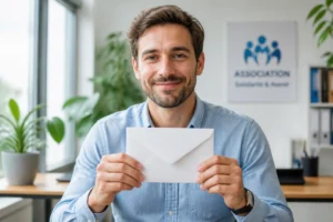 Personne souriante tenant une enveloppe pour une lettre de démission pour une association dans un bureau lumineux.