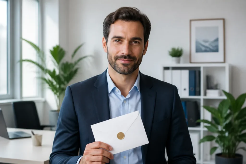 Professionnel serein tenant une lettre de démission de la fonction publique hospitalière dans un bureau moderne et lumineux.