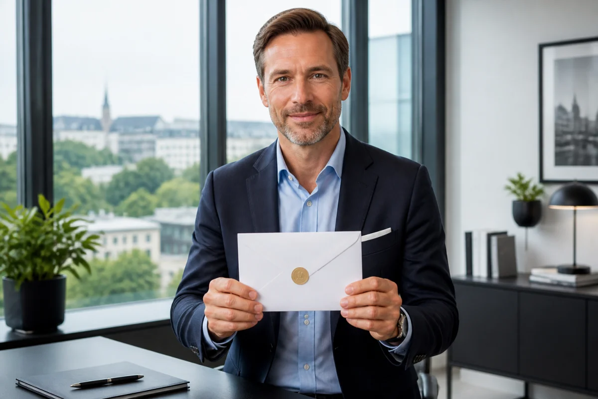 Professionnel tenant une lettre de démission dans un bureau moderne au Luxembourg pour une rupture de contrat sereine.