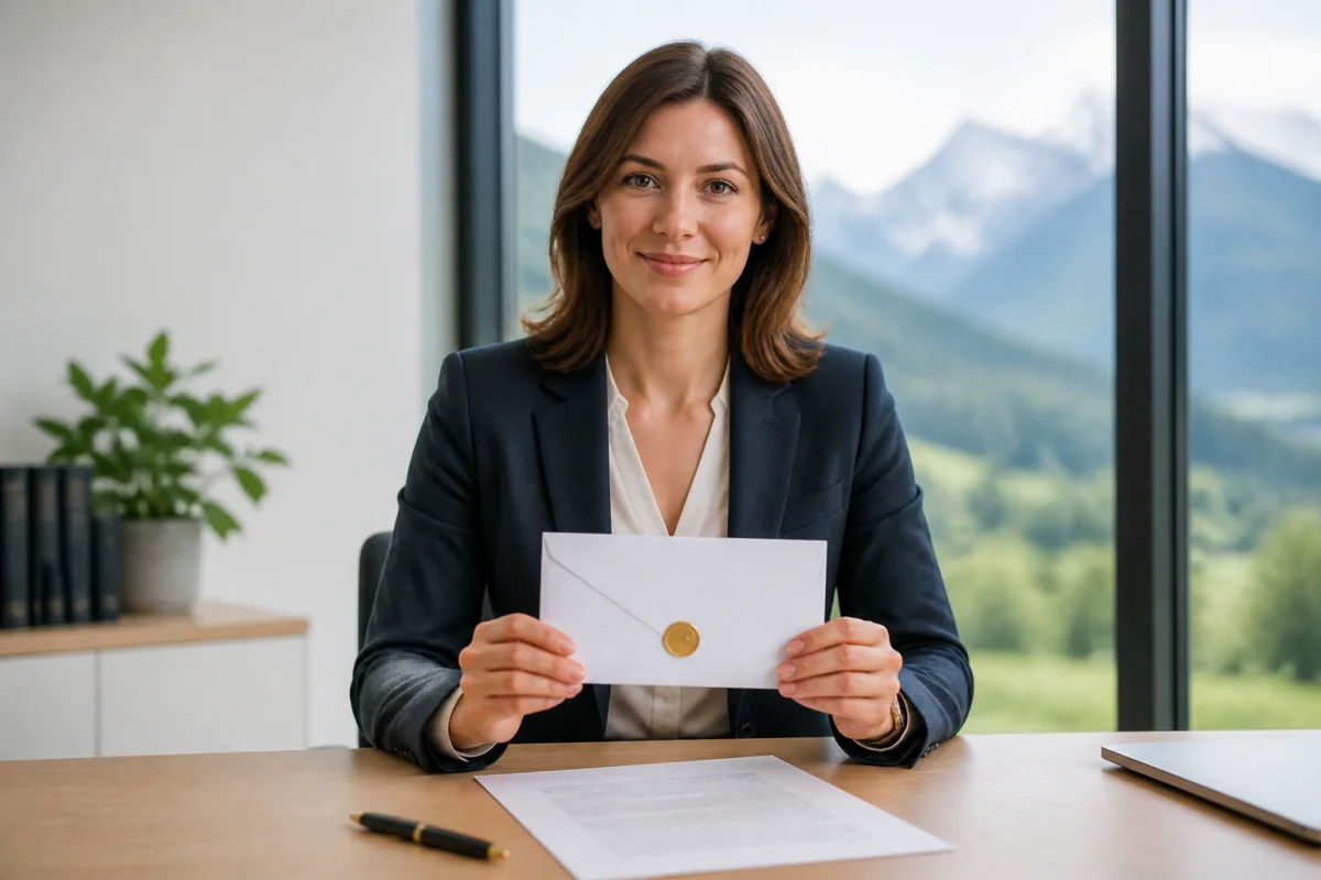 Professionnel en tenue de bureau tenant une lettre de d&eacute;mission en Suisse dans un environnement moderne et lumineux.