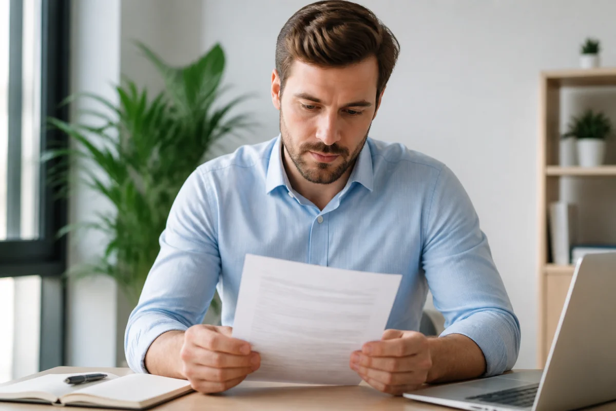 Professionnel en chemise bleue relisant attentivement un document pour sa lettre de motivation agent administratif au bureau.