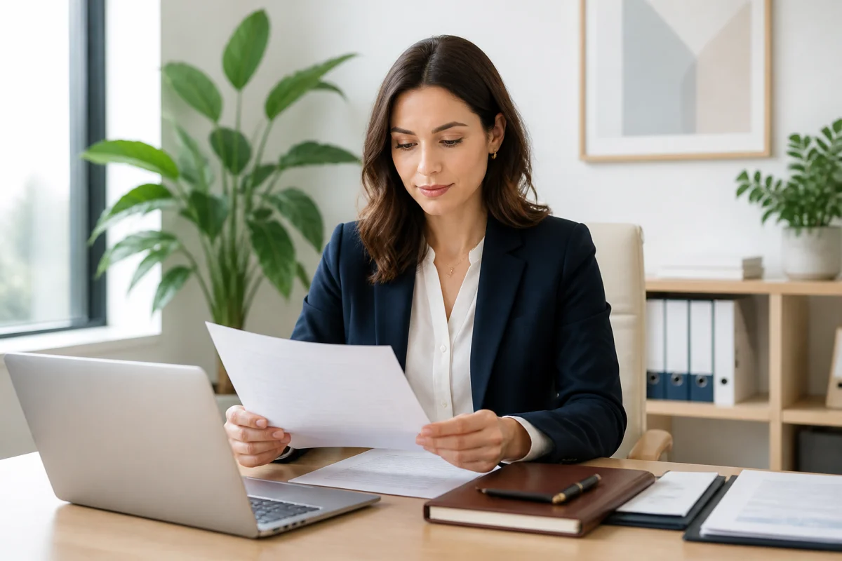 Jeune professionnel travaillant sereinement sur sa lettre de motivation agent administratif dans un bureau moderne et lumineux.
