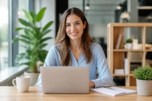 Jeune femme professionnelle souriante travaillant sur son ordinateur pour rédiger une lettre de motivation assistante administrative efficace.
