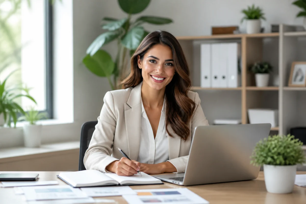 Jeune femme professionnelle souriante travaillant sur son ordinateur pour r&eacute;diger une lettre de motivation assistante administrative efficace.