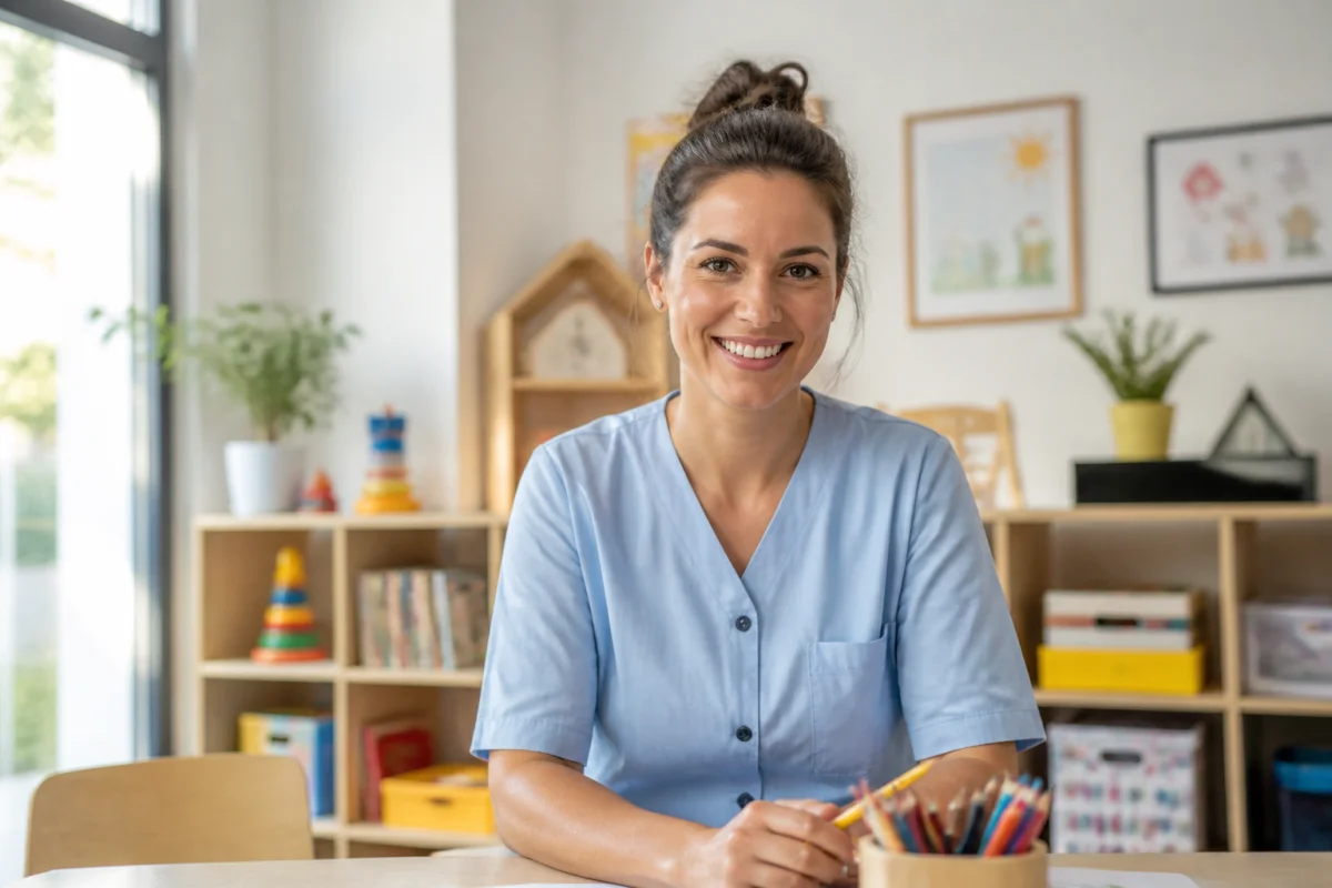 Auxiliaire de vie scolaire souriante en blouse bleue dans une salle de classe maternelle lumineuse et moderne.