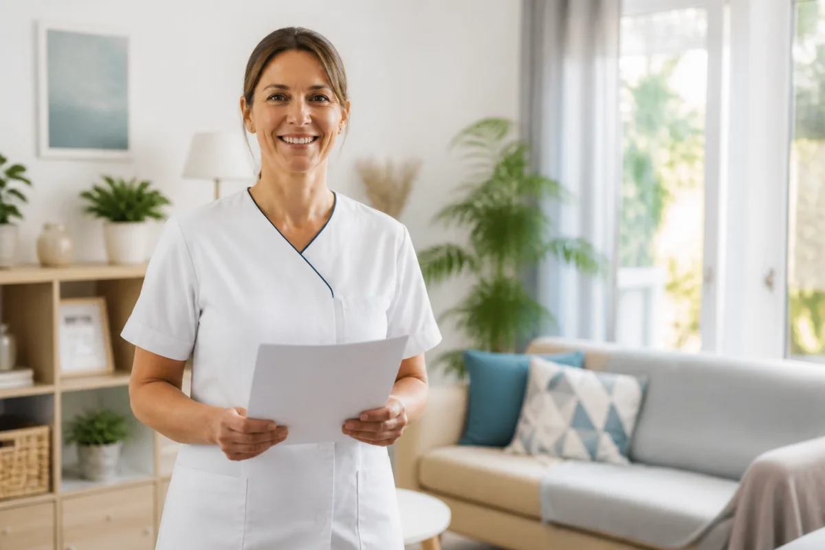 Auxiliaire de vie souriante et professionnelle tenant une lettre de motivation dans un salon lumineux et chaleureux.
