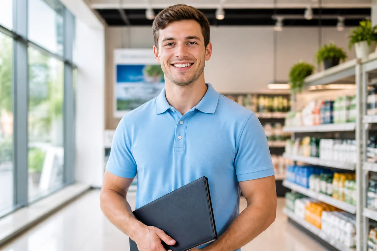 Jeune candidat souriant en tenue professionnelle tenant un dossier pour une lettre de motivation Leclerc en magasin.