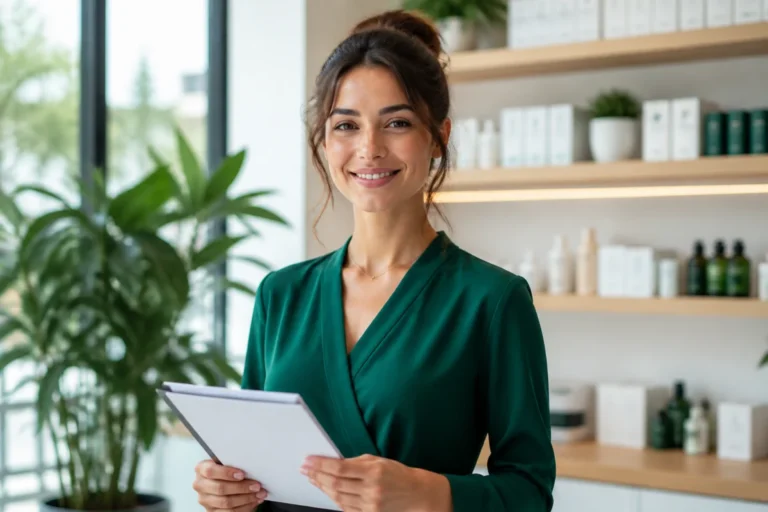 Jeune femme souriante en tenue professionnelle tenant un dossier dans un magasin pour une lettre de motivation Intermarché.