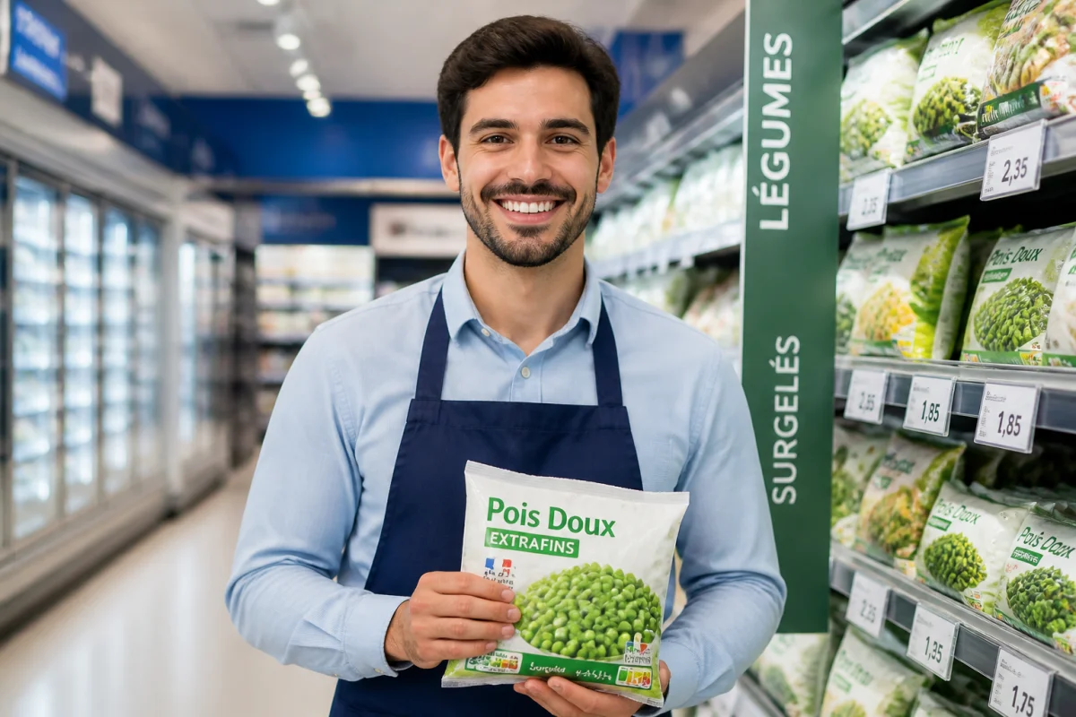 Employ&eacute; de libre-service souriant travaillant dans les rayons organis&eacute;s d'un supermarch&eacute; moderne et lumineux.
