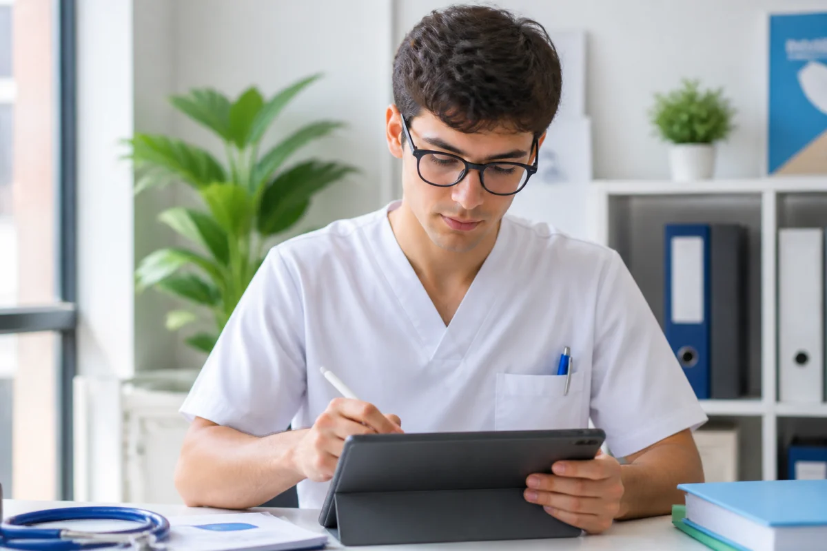 &Eacute;tudiant en soins infirmiers concentr&eacute; r&eacute;digeant sa lettre de motivation IFSI sur une tablette dans un bureau lumineux.