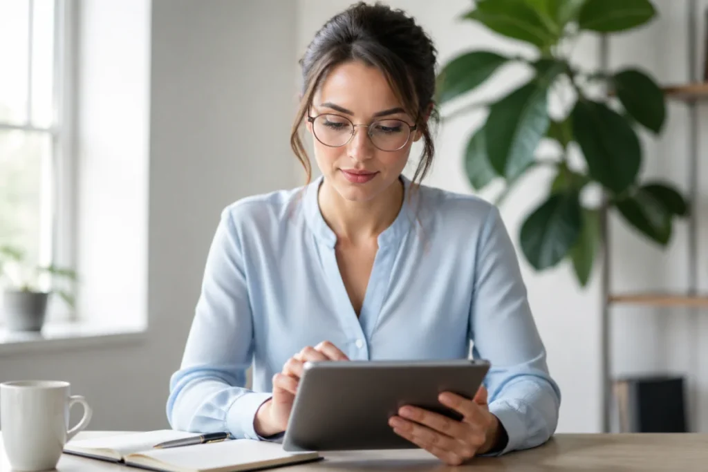 Jeune femme professionnelle concentrée travaillant sur une tablette pour rédiger une lettre de motivation IFSI dans un bureau.