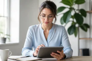 Jeune femme professionnelle concentrée travaillant sur une tablette pour rédiger une lettre de motivation IFSI dans un bureau.