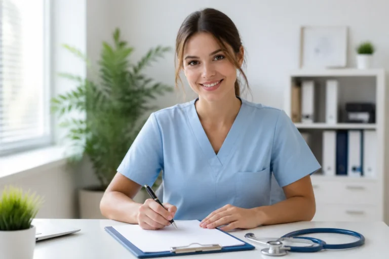 Infirmière souriante rédigeant sa lettre de motivation infirmière sur un bureau moderne et lumineux.
