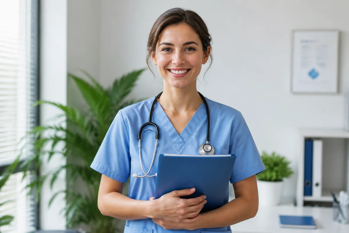 Infirmi&egrave;re souriante et professionnelle tenant un dossier m&eacute;dical dans un bureau lumineux pour une lettre de motivation infirmi&egrave;re.