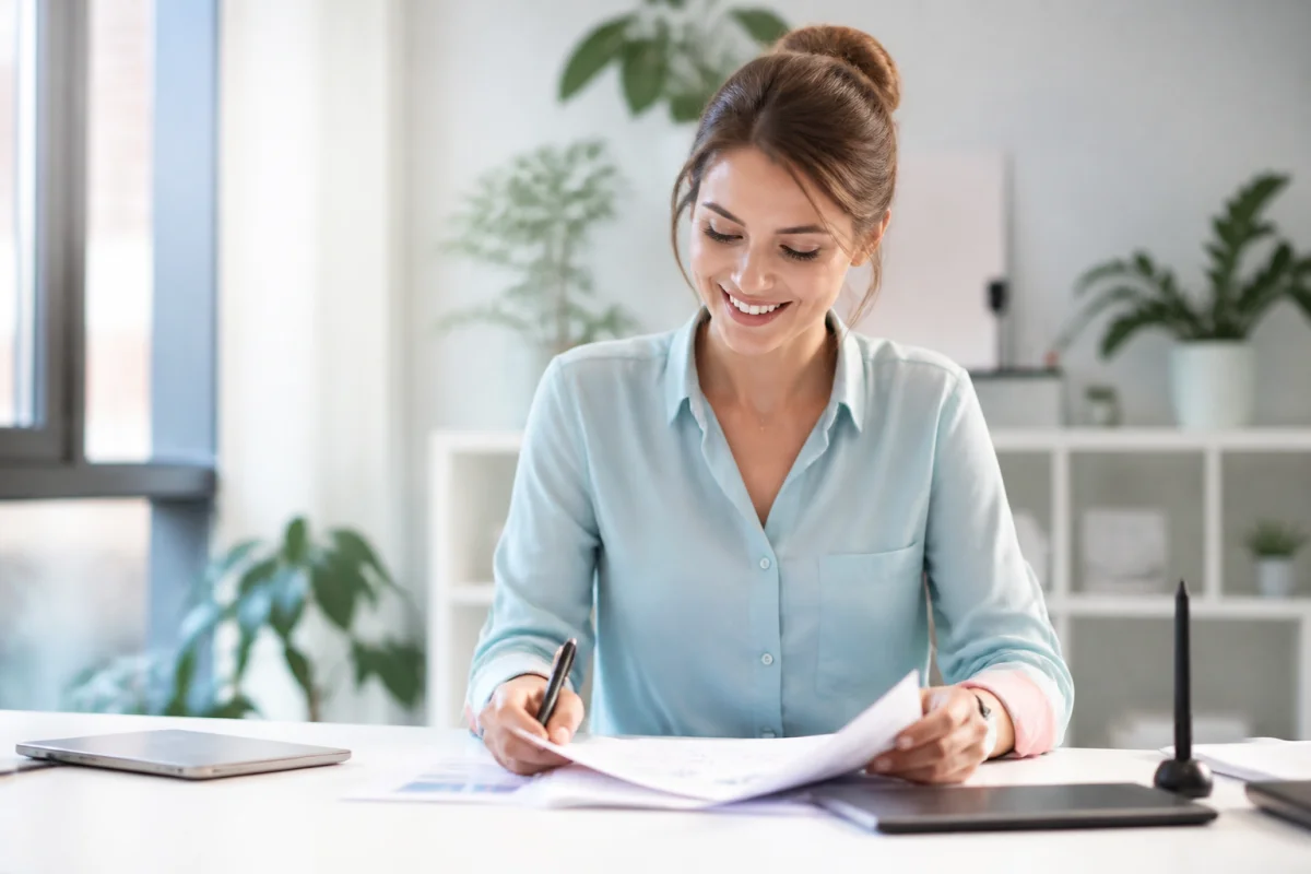Jeune femme souriante organisant des documents professionnels pour préparer sa lettre de motivation Leclerc sur un bureau moderne.