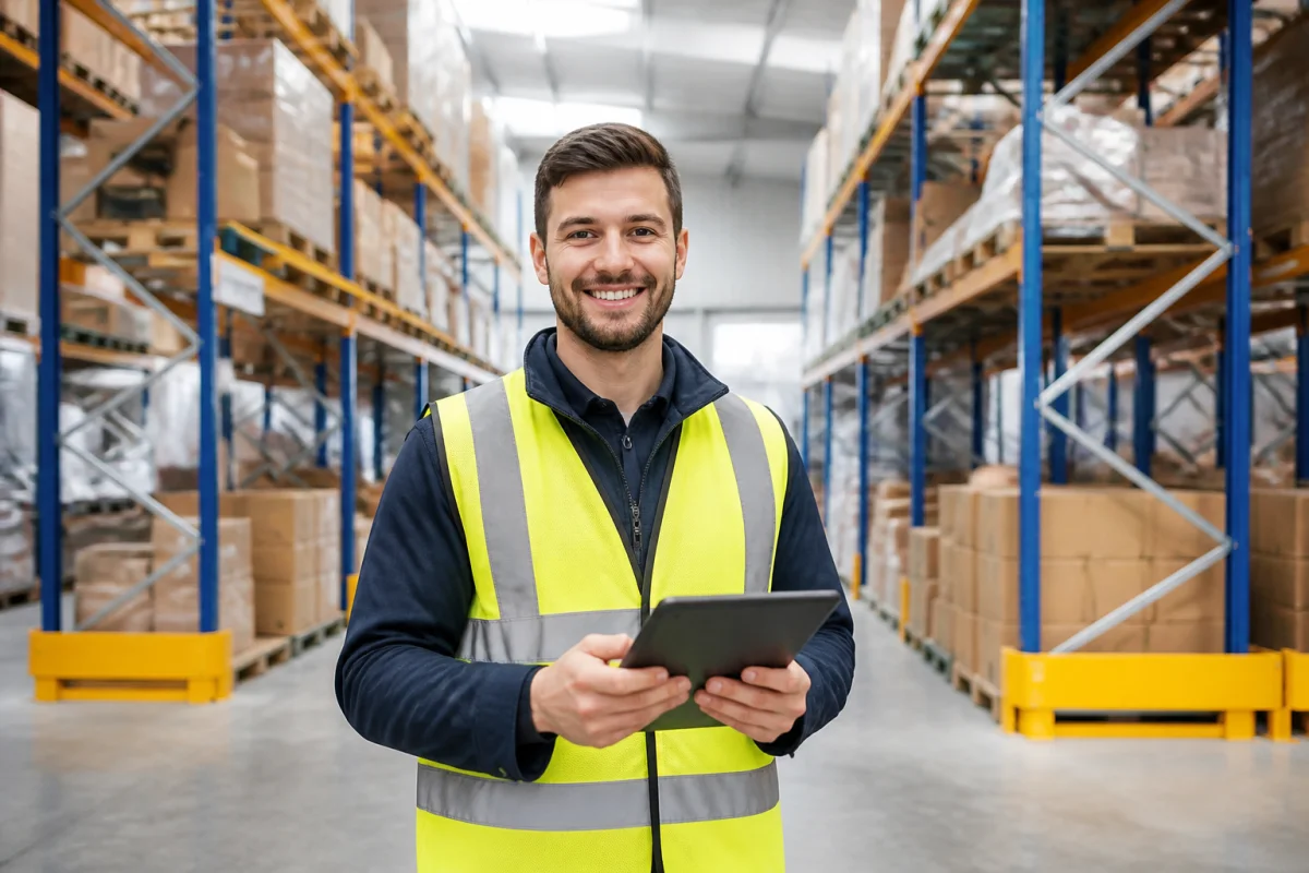 Employ&eacute; d'entrep&ocirc;t souriant en gilet haute visibilit&eacute; consultant une tablette pour une lettre de motivation pr&eacute;parateur de commande.