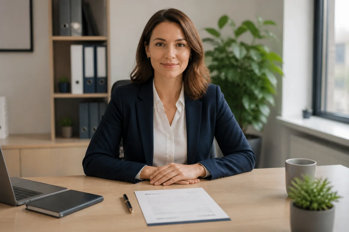 Secr&eacute;taire professionnelle souriante travaillant sur une lettre de motivation dans un bureau moderne et lumineux.