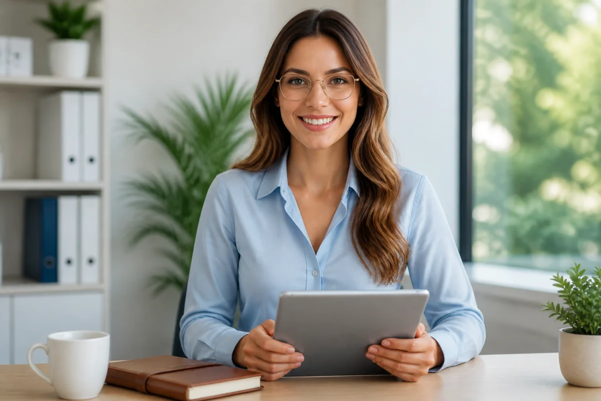 Jeune femme professionnelle souriante tenant une tablette, id&eacute;ale pour illustrer une lettre de motivation secr&eacute;taire en entreprise.