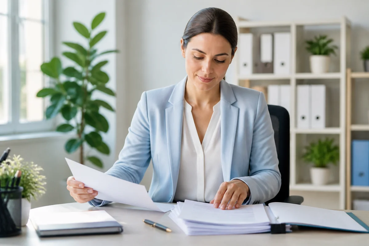 Professionnel en tenue de travail organisant des documents pour une lettre de motivation ASH dans un bureau lumineux.