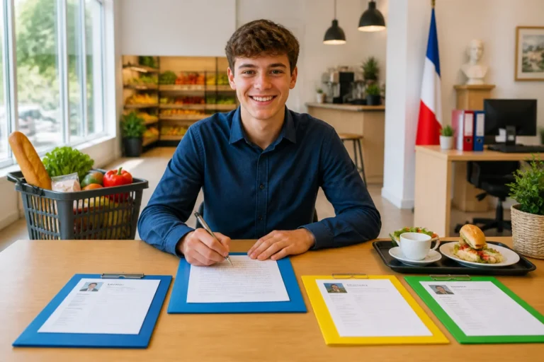 Adolescent de 17 ans rédigeant une lettre de motivation pour un job d’été, entouré de dossiers de candidature colorés