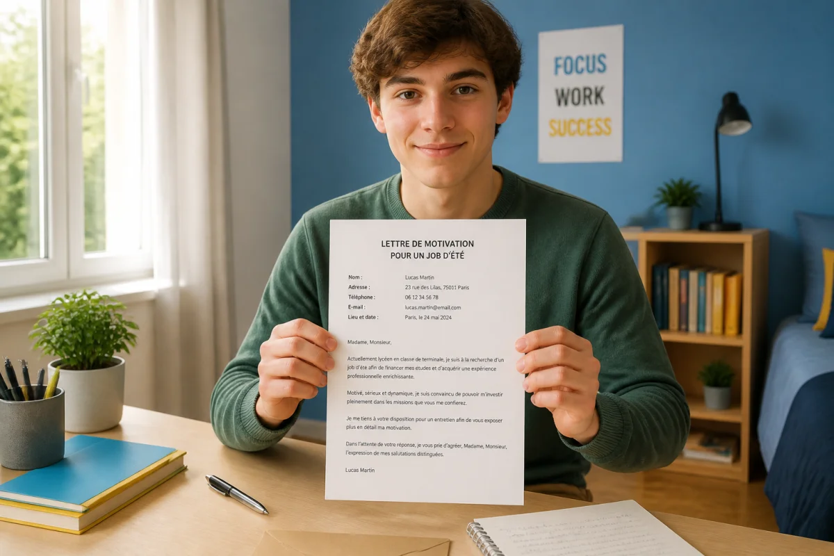 Adolescent de 17 ans rédigeant une lettre de motivation pour un job d’été, avec coordonnées et date visibles sur le bureau