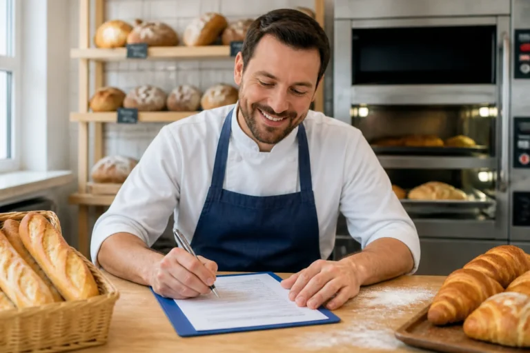 Boulanger souriant rédigeant une lettre de motivation en boulangerie devant des pains frais dans un atelier lumineux