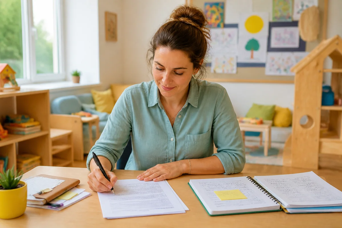 Professionnelle de la petite enfance r&eacute;digeant une lettre de motivation pour cr&egrave;che dans une micro-cr&egrave;che accueillante