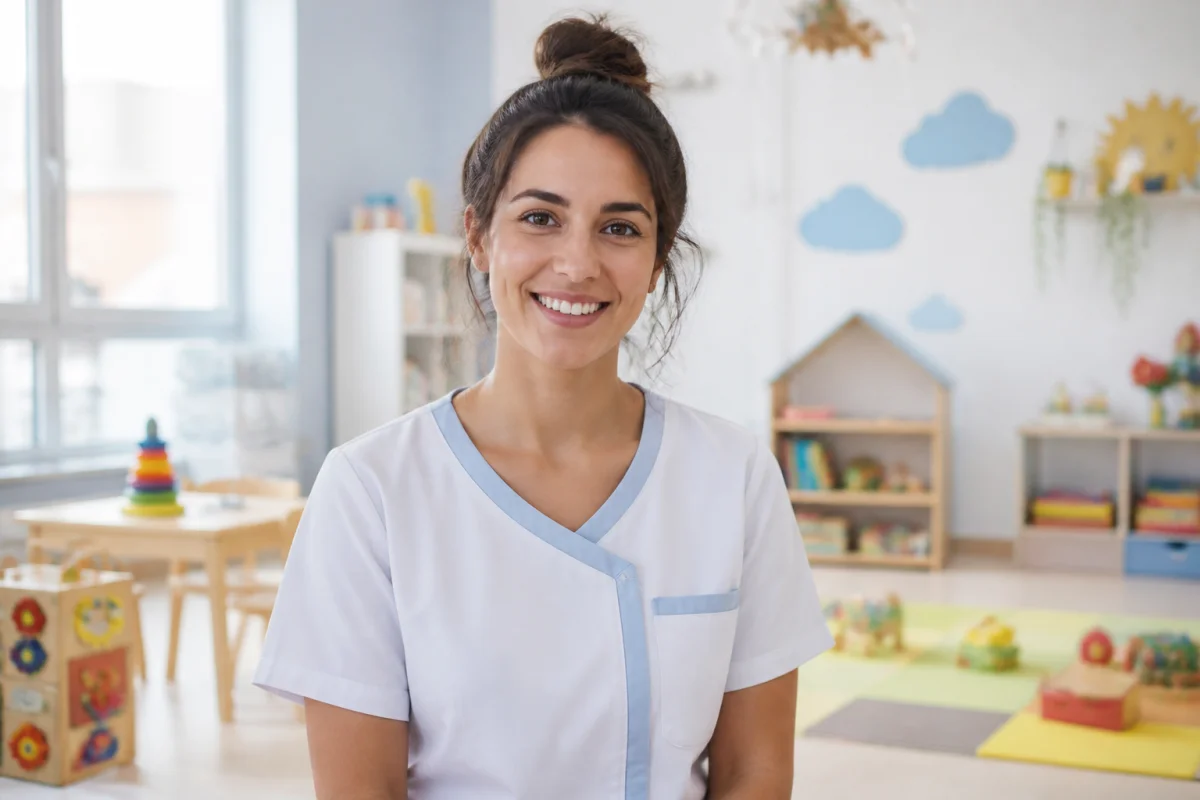 Auxiliaire de pu&eacute;riculture souriante et bienveillante dans une cr&egrave;che moderne pour accompagner votre lettre de motivation auxiliaire puericulture.