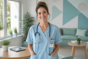 Auxiliaire de puériculture souriante en service pédiatrique pour illustrer une lettre de motivation auxiliaire puericulture professionnelle.