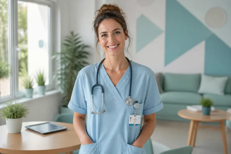 Auxiliaire de puériculture souriante en service pédiatrique pour illustrer une lettre de motivation auxiliaire puericulture professionnelle.