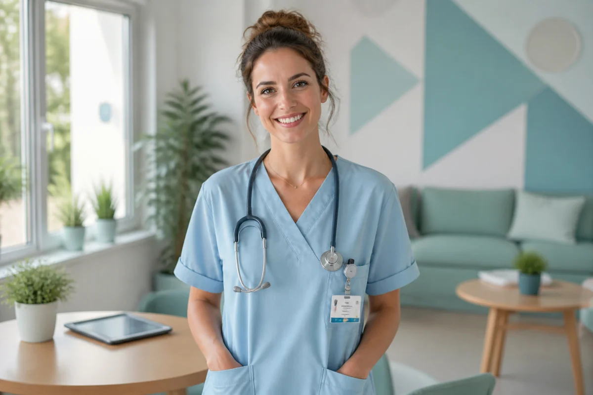 Auxiliaire de pu&eacute;riculture souriante en service p&eacute;diatrique pour illustrer une lettre de motivation auxiliaire puericulture professionnelle.