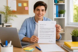 Jeune adulte rédigeant une lettre de motivation pour le BAFA dans un espace de travail lumineux et organisé