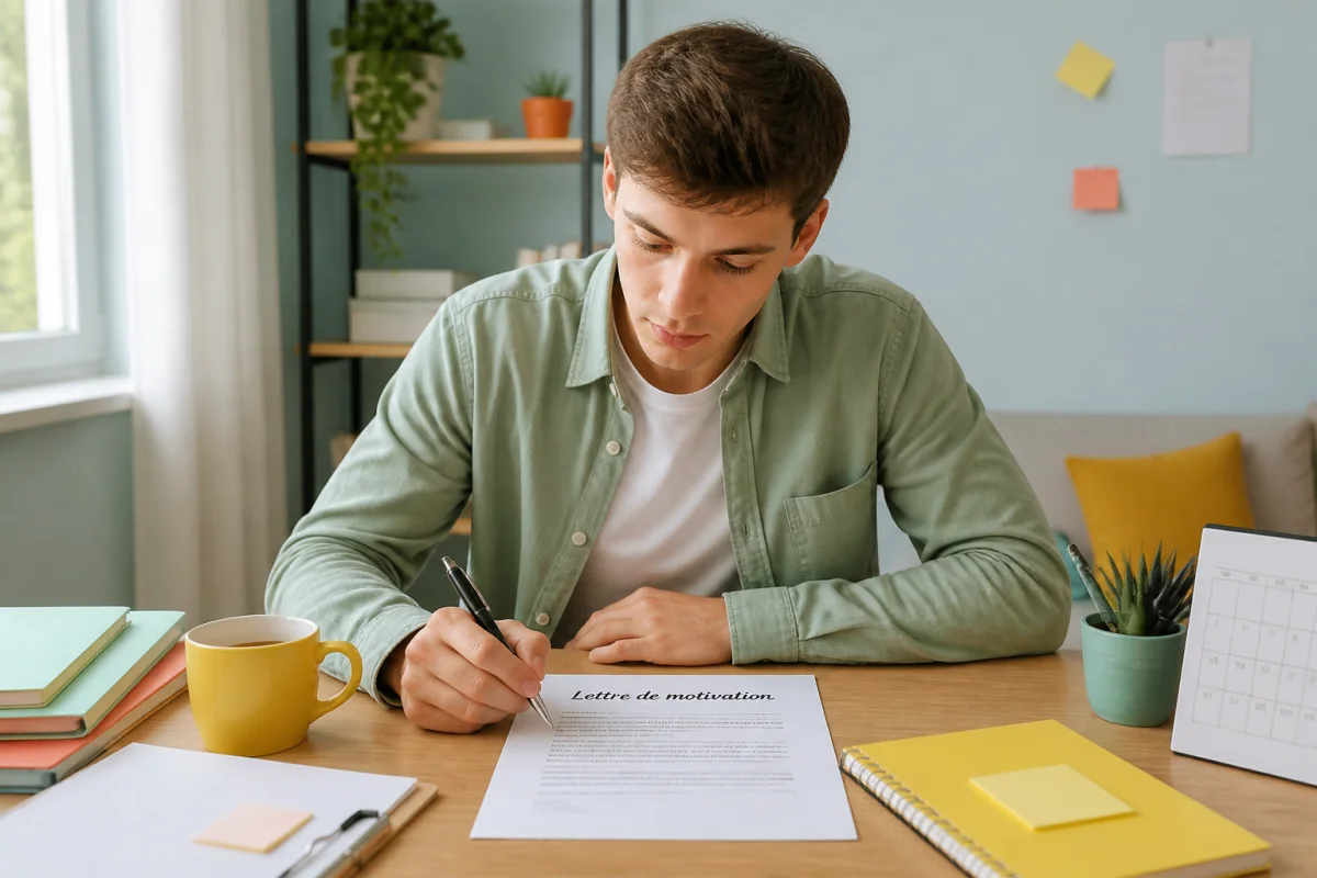 Jeune adulte r&eacute;digeant une lettre de motivation pour le BAFA &agrave; son bureau, dans une ambiance lumineuse et studieuse